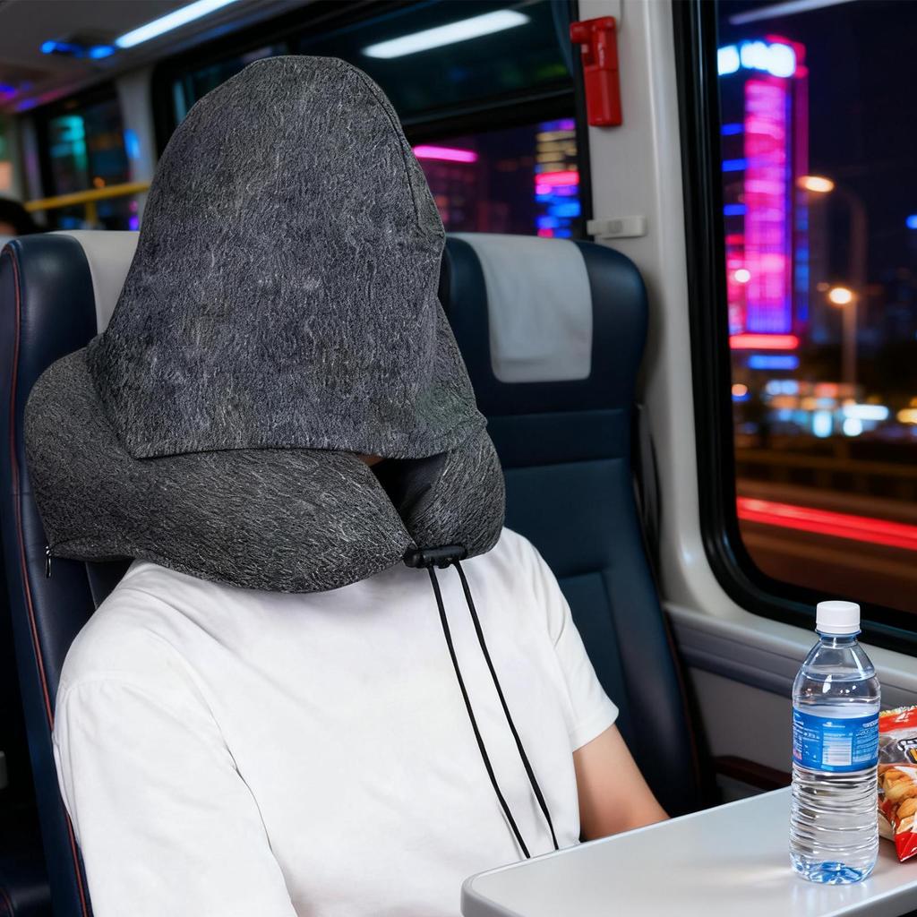 Memory Foam Hooded U-Shaped Travel Pillow with Detachable Cover Portable Neck Support for Airplane Office Nap Car and Home Use