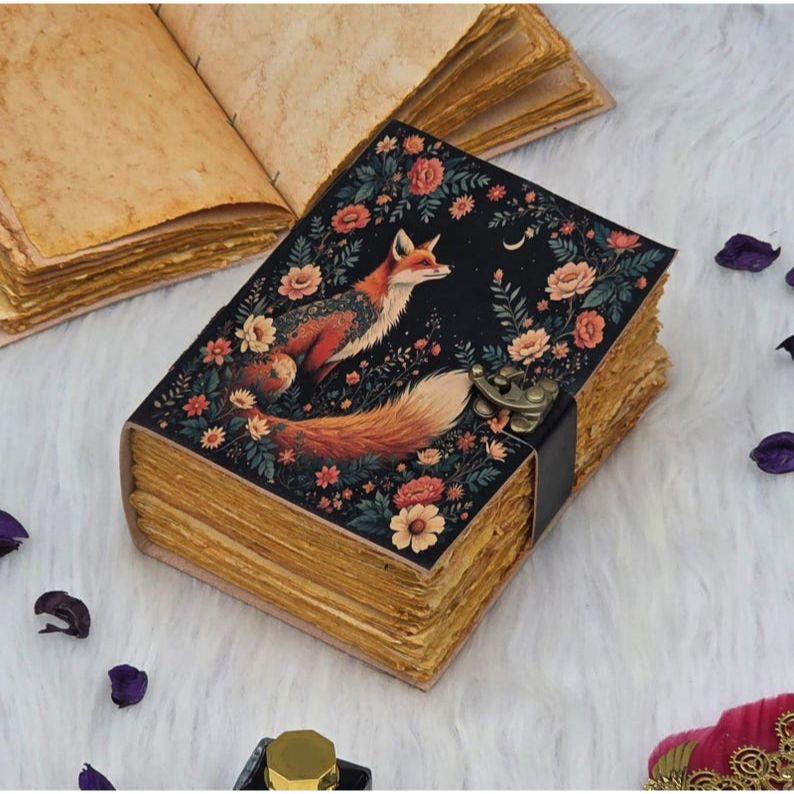 Fox & Moon Floral Lock Journal | Vintage Handmade Writing Notebook | Leather Bound Sketchbook with Lock