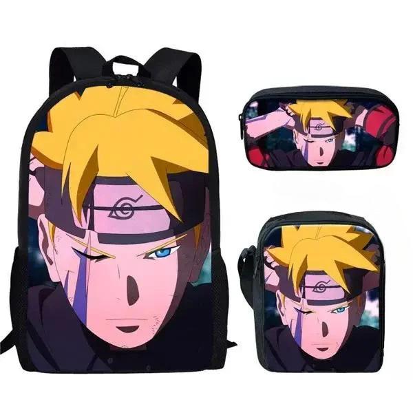 Naruto Naruto Rucksack Dreiteiliges Set, Schulranzen für Grund- und Sekundarschule, Umhängetasche, Messenger Bag, Federmäppchen.