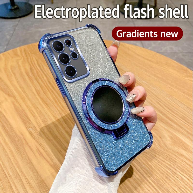 Shockproof Holder Ring Mirror Phone Case For Samsung Galaxy Note 20 S25 S24 S23 S22 S21 S20 FE Ultra Plus A06 A16 A36 5G Cover