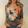 Women's Halloween Print V Neck Top 3/4 Sleeve Casual Shirt Lightweight Comfortable Fit Suitable for Seasonal Wear