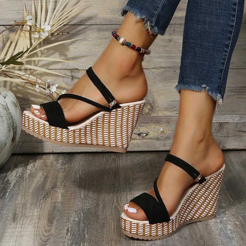 Classic Black Wedge Sandals for Womens Summer Sexy Open Toe Platform Ankle Buckle Slingback Shoe Luxury Comfort Sandalias