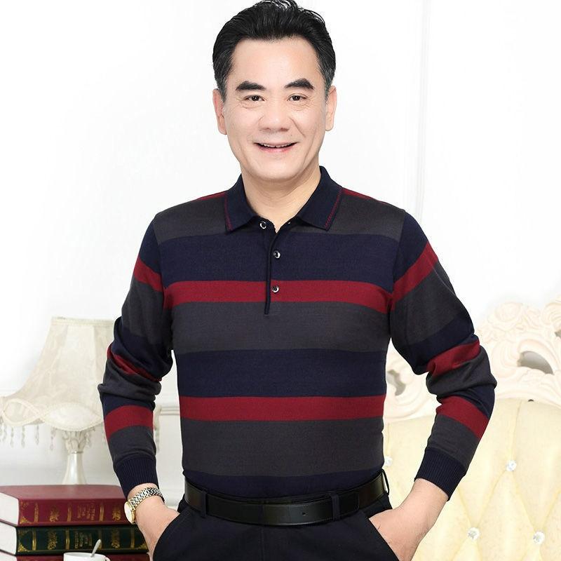 

Spring and Autumn Lapel Men s Polo Shirt Dad Striped Long-sleeved T-shirt Men s Thin Autumn Clothes 4XL