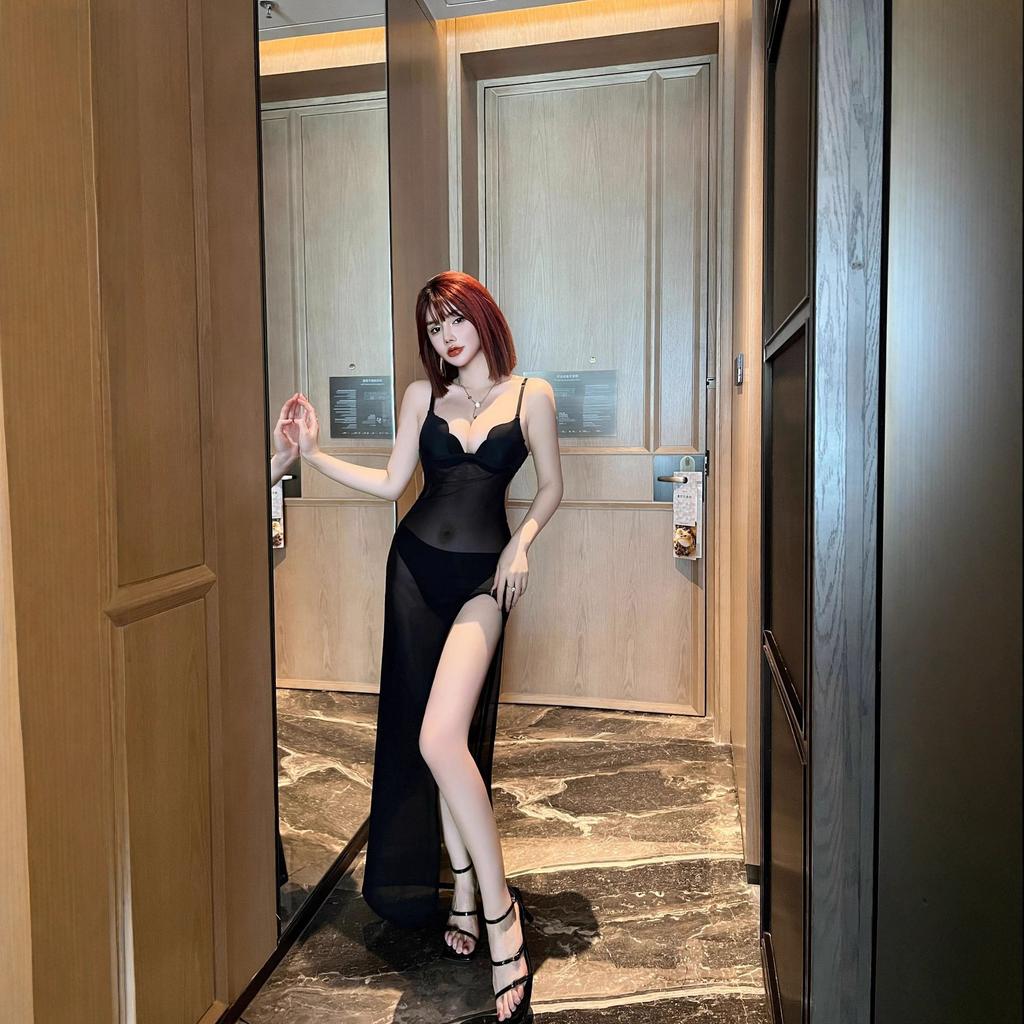 Mesh perspective suspender long dress night show sexy dress gathering underwear plus lower skirt sauna technician work clothes