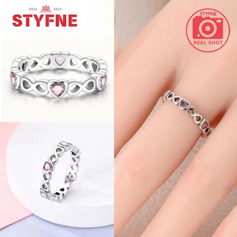 Unendliche Liebe Schmuck Schwarz & Rosa Herz Glänzende Zirkon Ringe Mode Neu 925 Silber Damenringe für Valentinstagsgeschenk