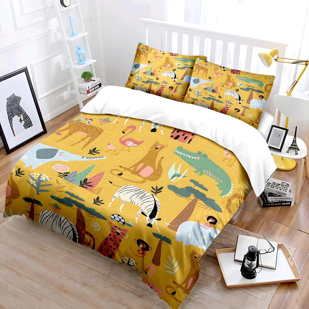 Cartoon African Animal and Plant Print Bedding Set for Kids Luxury Gift 3pcs Digital Print Comforter Set Soft Comfortable