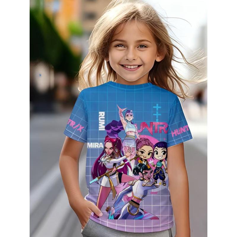 Kpop Demon Hunter Anime Printed T-Shirt Comfortable Fashionable Round Neck Kids Clothes Fashion Casual Tops Soft Girls Colorful T-Shirt