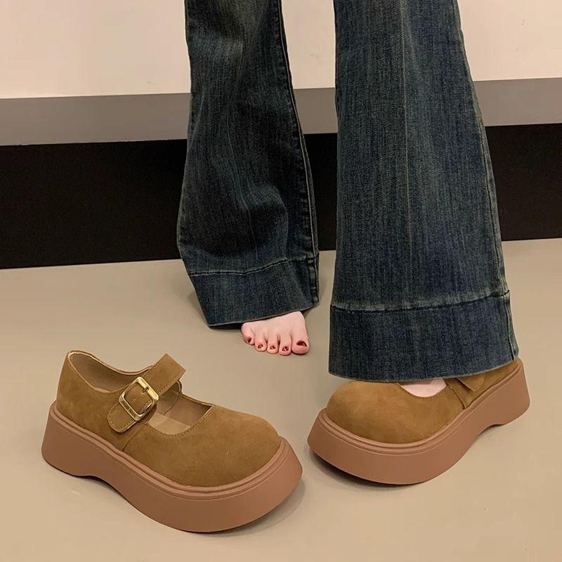 2025 spring new women's single shoes women's shoes middle heel dopamine round head shoes muffin bottom popular small leather shoes