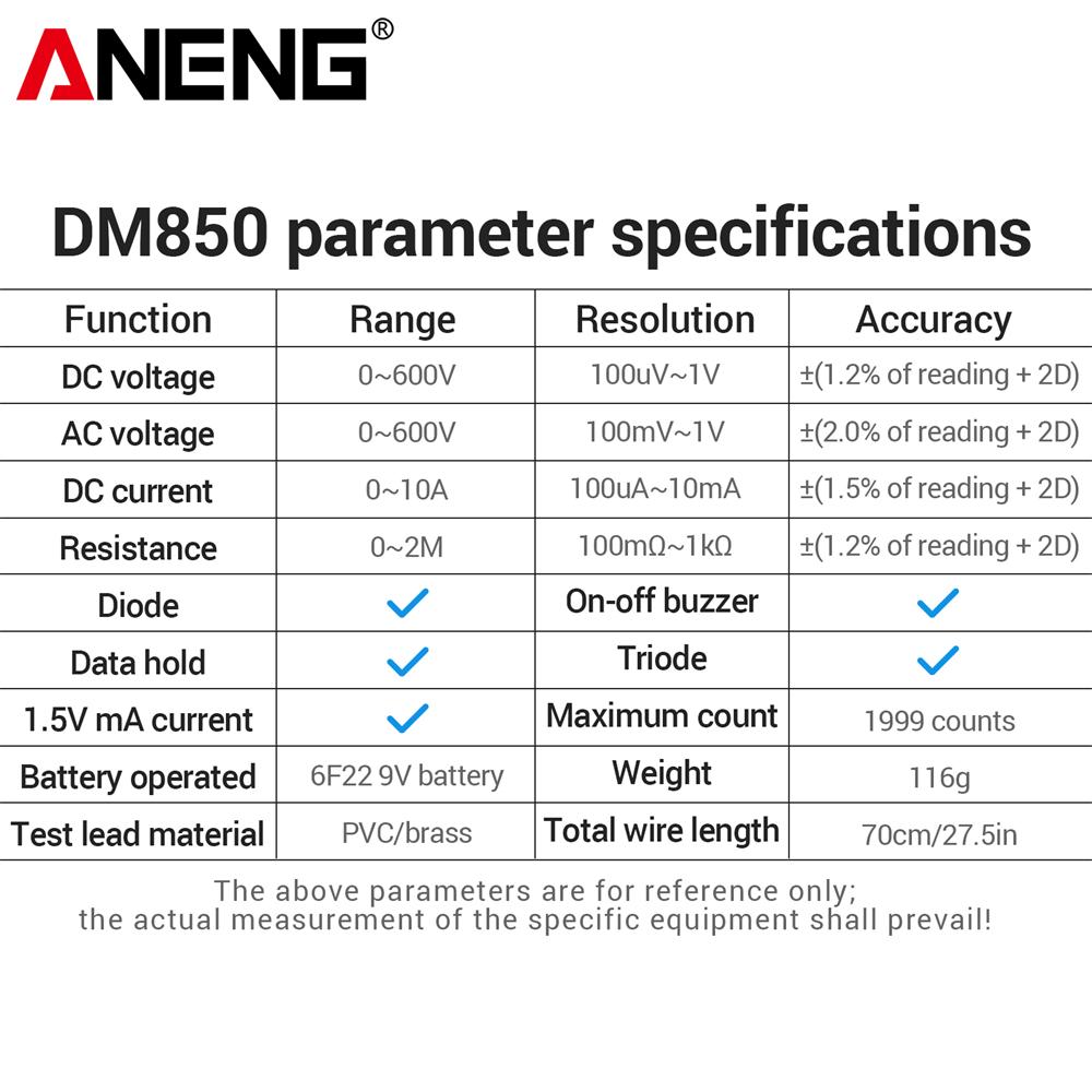 Portable ANENG DM850 Digital Multimeter 1999 Counts AC/DC Votage Ohm Current Detector Ammeter+B15 Voltage Tester Pen Electrician Tools Digital Display