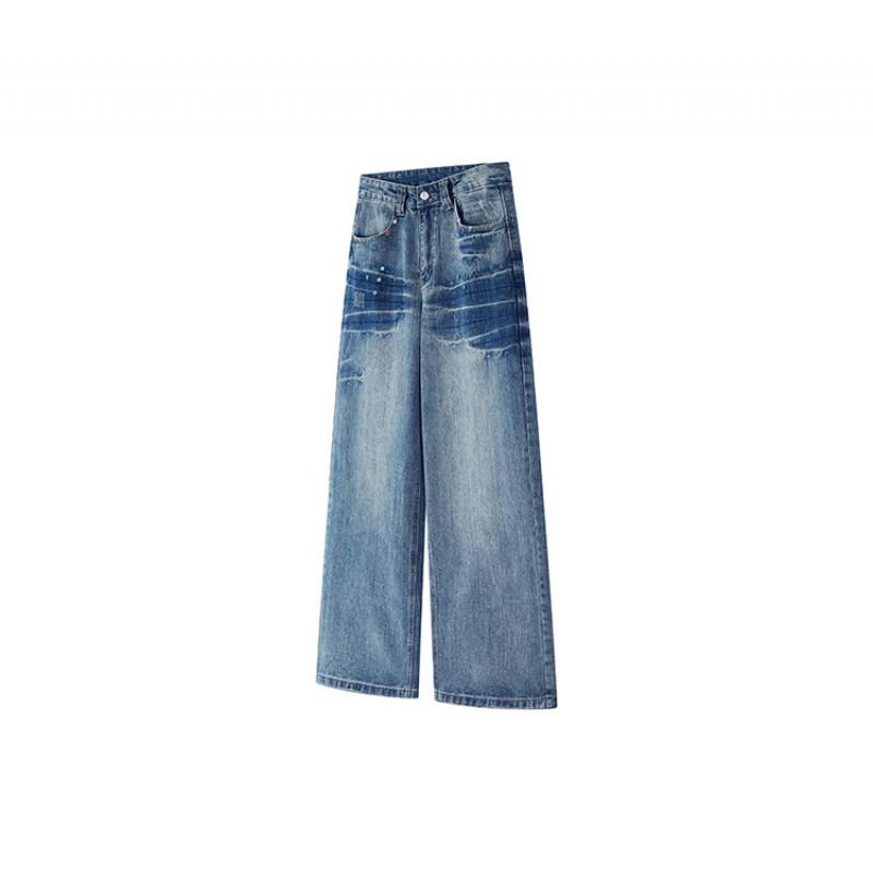 Unisex Distressed Washed Denim Jeans Straight Fit Mid-Rise Casual Streetwear Youth