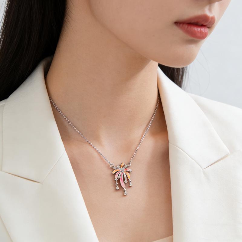 Sterling Silver Fireworks Coconut Tree Enamel Pendant Necklace for Women – Luxurious Clavicle Chain Fashion.