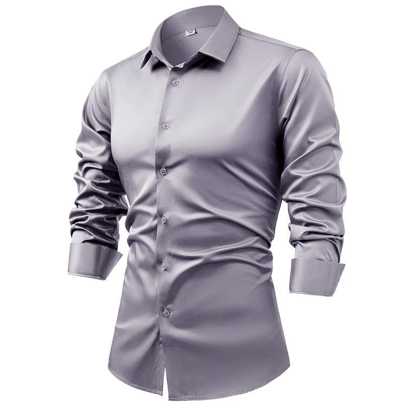 Men's Silk Satin Long Sleeve Button-Up Dress Shirt, Non-Iron Wrinkle-Resistant Business Casual Formal Top