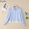 ZANZEA Women Casual Turn Down Collar Long Sleeve Lace Splice Stripe Blouse
