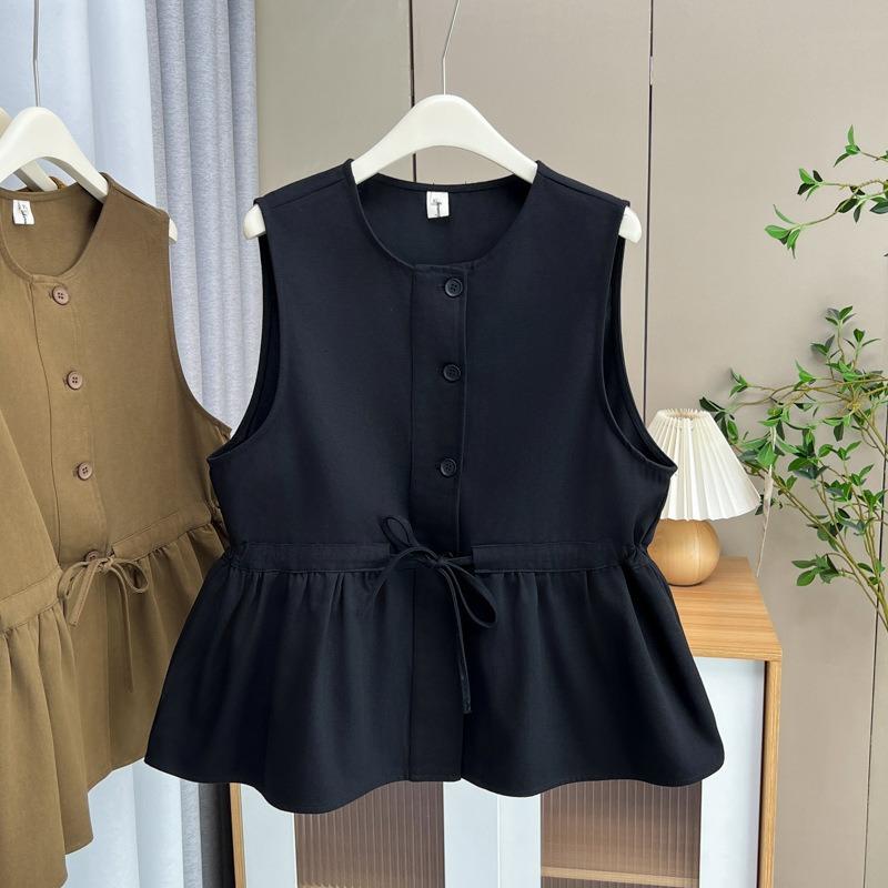 Plus Size Women Casual Solid Waist Cinching Sleeveless Vest Cardigan