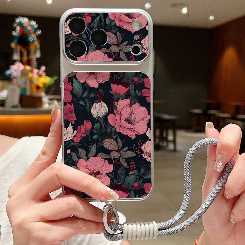 Oil Painting Floral Leather Lanyard Case For iPhone 18 Pro Max Hybrid TPU+PU Anti-skid Soft Cover For iPhone 17 16 15 14 13 Pro Max