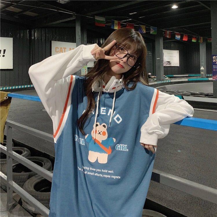 Spring Autumn Sweater Women Fake Two-piece Long-sleeved Hoodie Loose Boyfriend Wind Jacket Casual Thin T-shirt