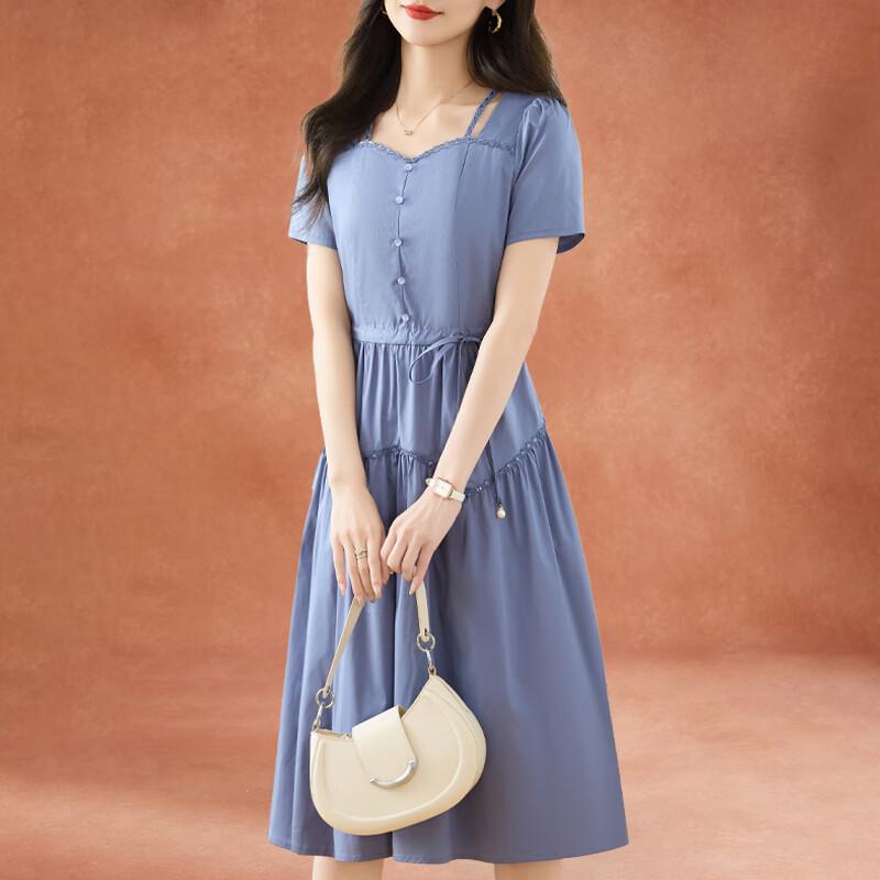 Ke Bei Er Women s Elegant Blue Tie-Waist A-Line Midi Dress 3XL