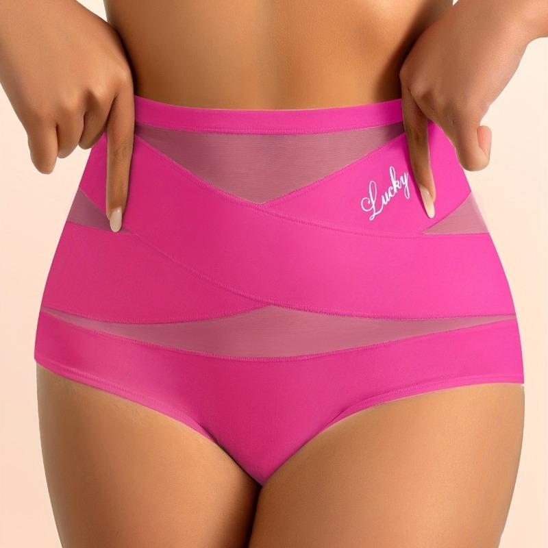 Women's Simple Solid Color High-Waist Breathable Mesh Triangle Panties with Crisscross Texture Design, Tummy Control, Butt Lifting, Seamless Shaping