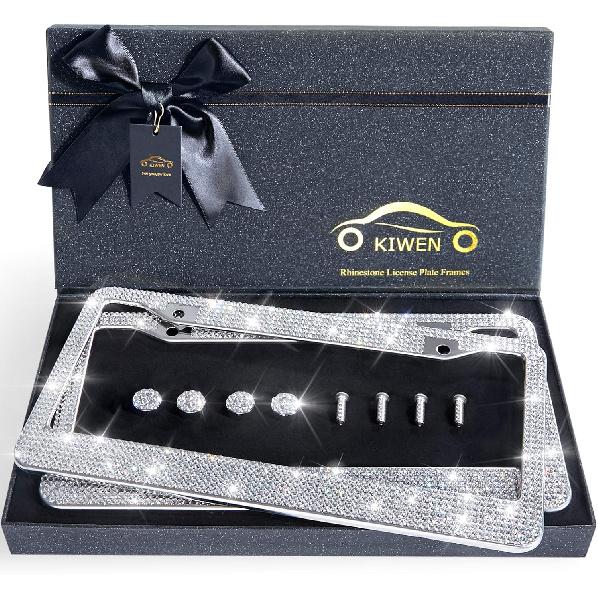 Bling License Plate Frames With High End Ribbon Gift Box,2 Pack Rhinestone License Plate Frame,Handcrafted Crystal Premium Stainless Steel Bling