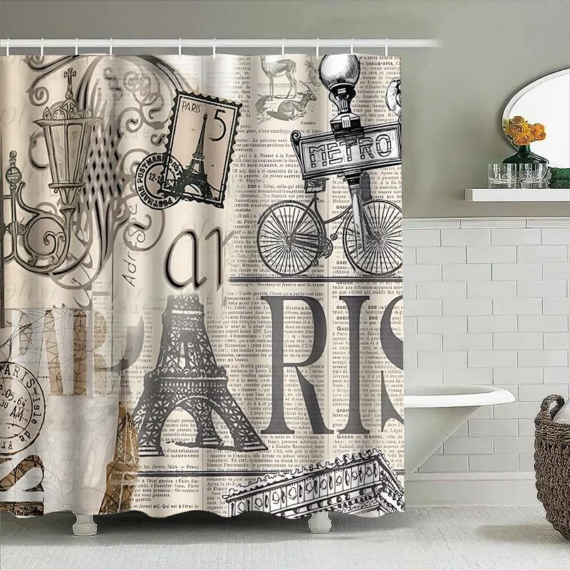 Paris Theme Vintage Style Shower Curtain Elegant And Classic Waterproof And Anti-Mold Bathroom Curtain Essential Home Decor