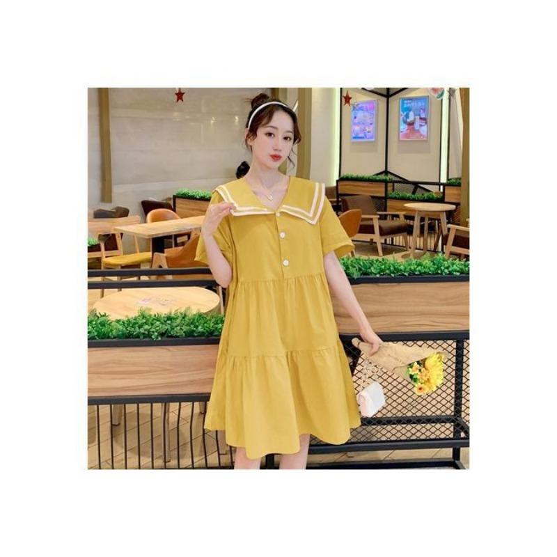 

Small fresh and sweet navy collar short-sleeved dress women s summer loose large size fat mm loose and thin maternity skirt M recommends 85-52.5 kg жёлтый