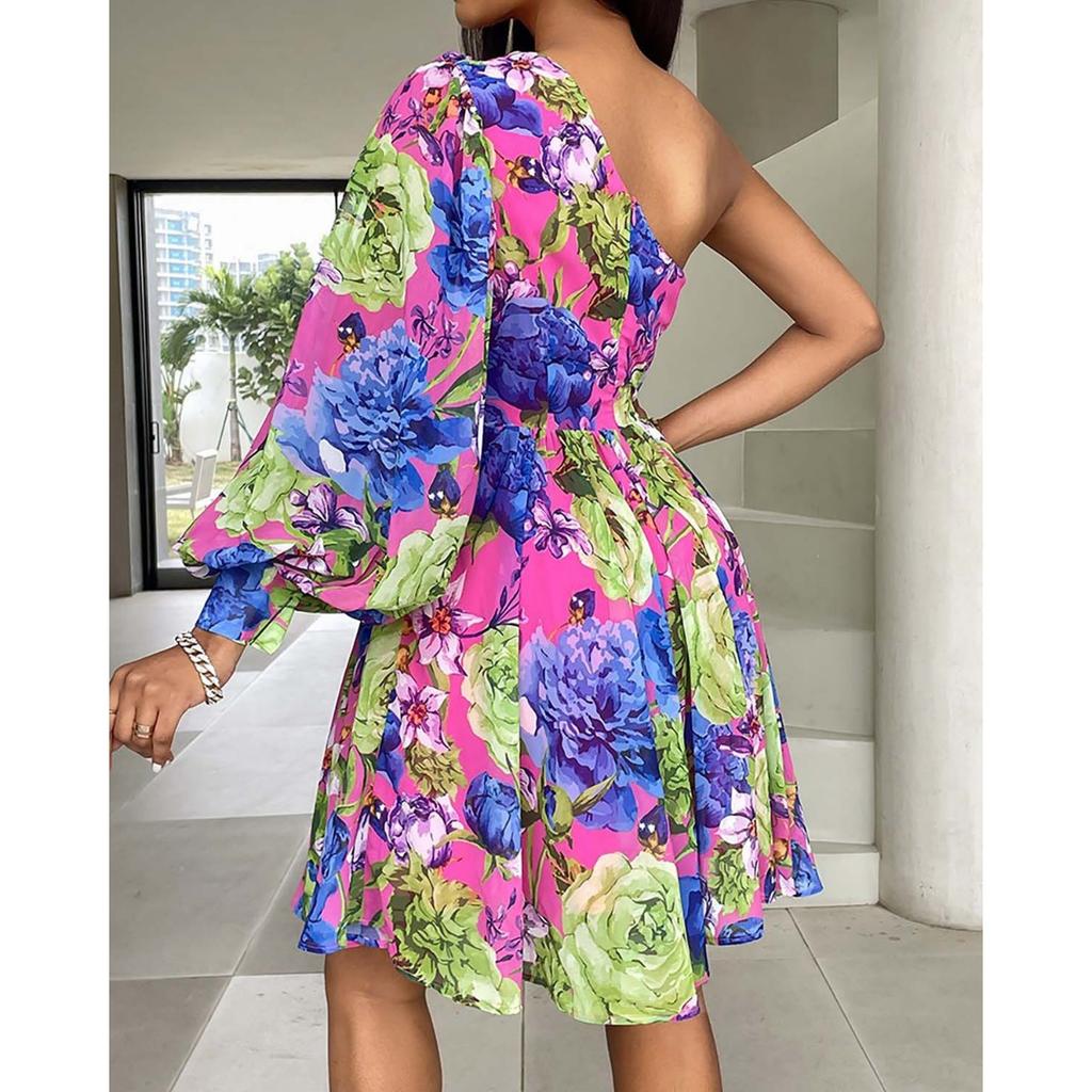 Abito Midi Stampato Boho da Donna a Spalla Singola con Maniche Lunghe Abito Casual Boemo per le Vacanze da Donna