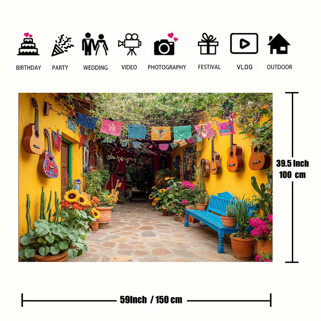 2D flat,1pc Mexican Garden Theme Backdrop with Guitars, Colorful Flags, and Flowers for Photography -No electricity
