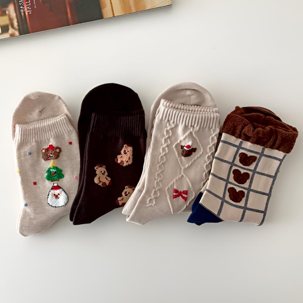 4Pairs Korean Christmas Socks Gift Set –  Winter Cozy Women’s Socks – Holiday Cute Gift Box – 3 Color Sets (Red / Beige / Blue Navy)