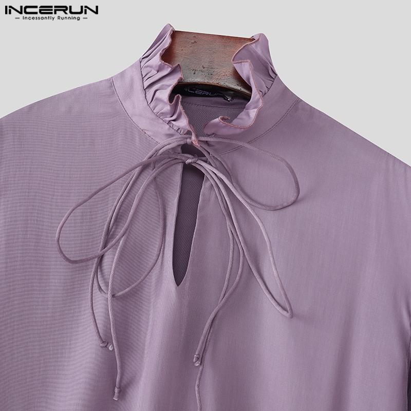 INCERUN Men Stand Neck Lace-up Long Sleeve Casual Oversized Elegant Shirts