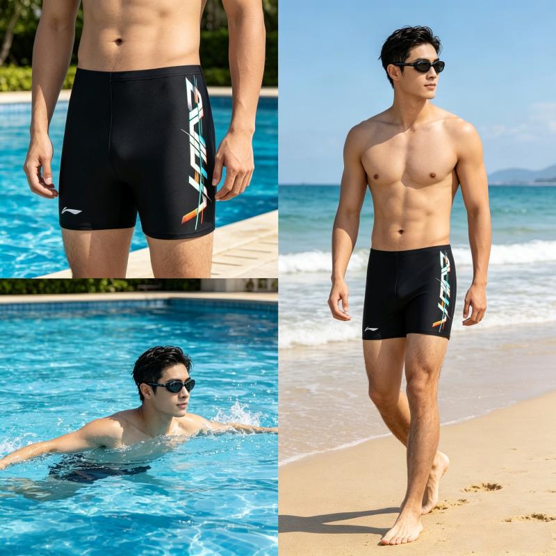 Li-Ning Professional Quick-Dry Anti-Embarrassment Swimming Gear Square-Cut Swim Shorts Men Swimwear Black LNKW052-1