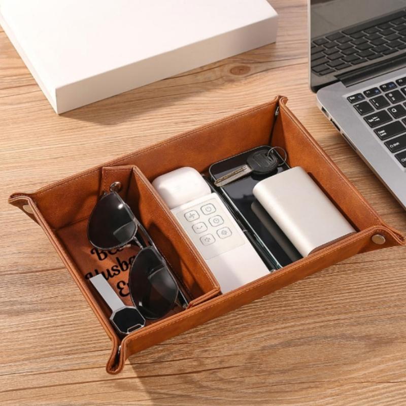 Sectioned Catchall Tray in PU Leather, Snap-Open Storage Design with Stitched Edging and Key Loop for Dresser Use