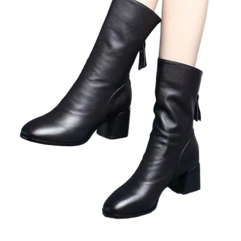 Autumn and Winter New Soft Leather Mid-boots Women's Thick Heel Martin Boots Long Tube Versatile Pointed Middle Heel Thick and Thin Boots