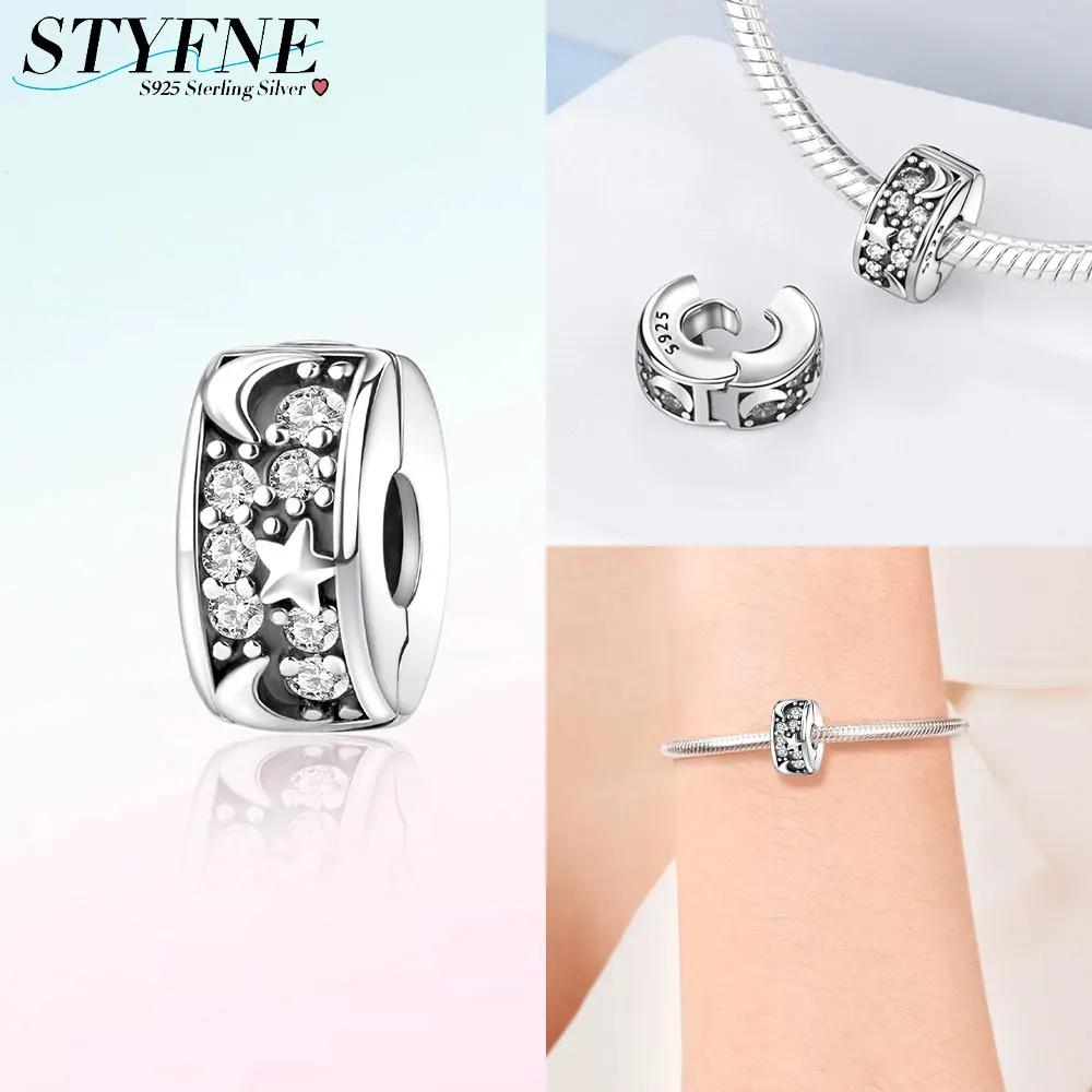 Copper Colored Zircon Paving Star Moon Clip Charms Spacer Beads For Women'S Original Bracelet Jewelry Gift