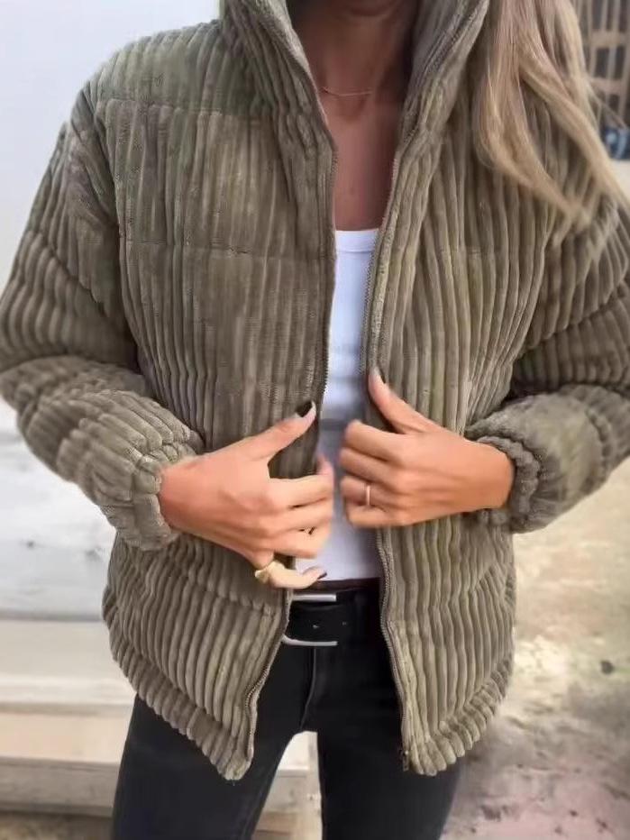 Women's Autumn/Winter Corduroy Stand-Up Collar Jacket with Long Sleeves & Pockets