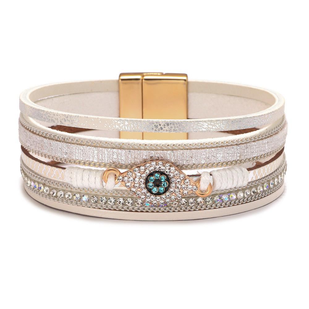 Bohemian Micro-Diamond Cross Bracelet with Magnetic Clasp & PU Leather