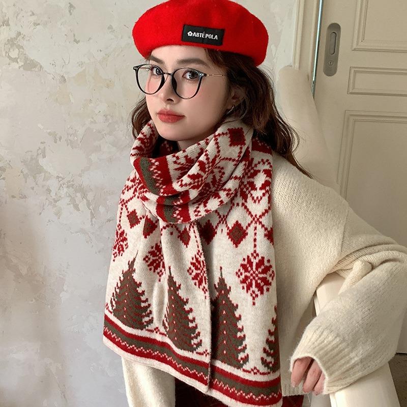 Red Christmas tree deer new knitted scarf women keep warm winter atmosphere holiday gift wool scarf men