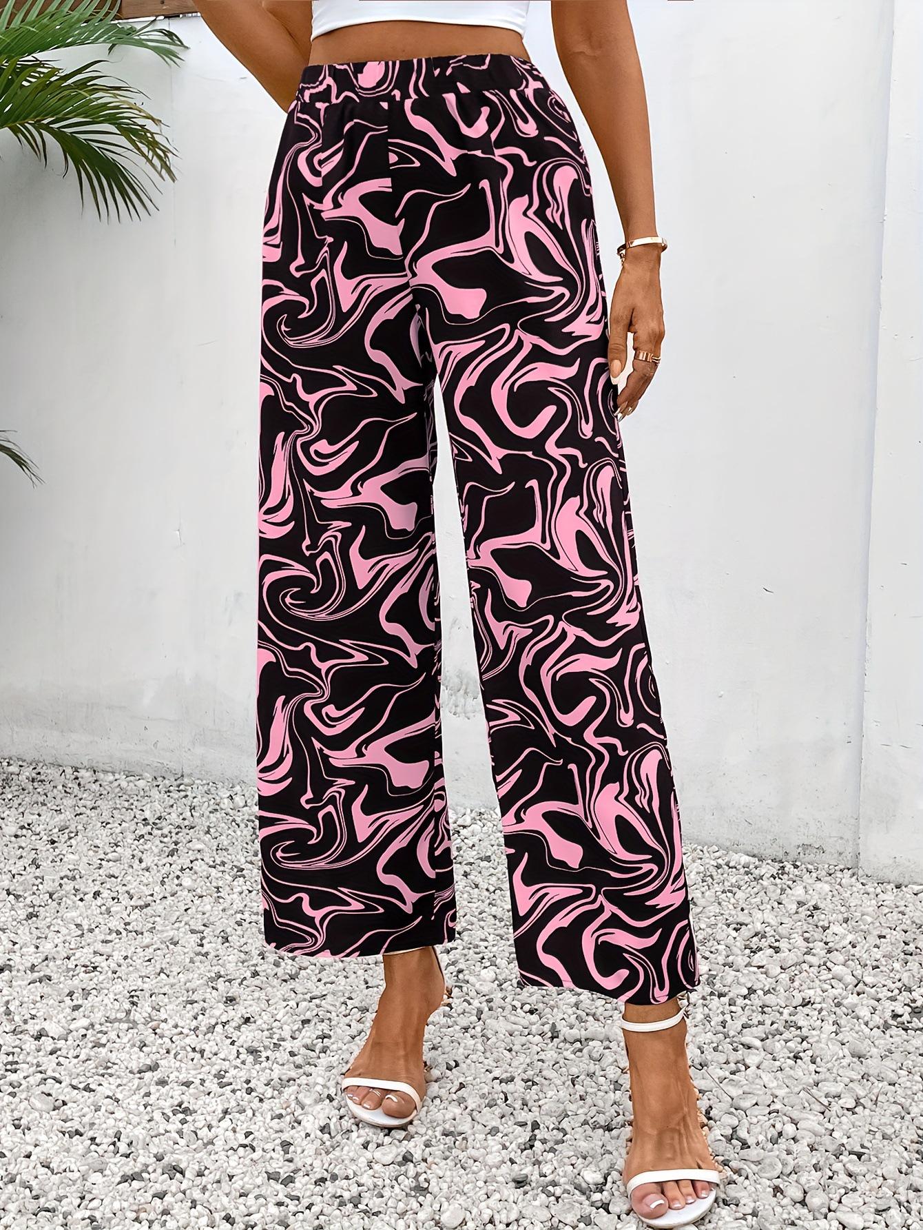 

Женские брюки 2025 с мраморным принтом, эластичные, с высокой посадкой, прямого кроя Large яркий розовый