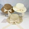 Sun Hat Lace Bow Decor Flat Top Wide Brim Straw Hat Hand-Woven Sunproof Windproof Summer Beach Picnic Basin Hat