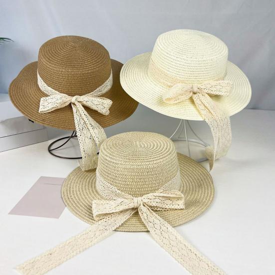 Sun Hat Lace Bow Decor Flat Top Wide Brim Straw Hat Hand-Woven Sunproof Windproof Summer Beach Picnic Basin Hat