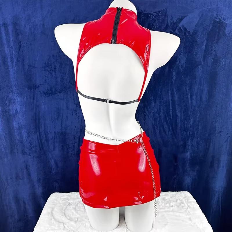 Erotic Sexy Nurse Cosplay Costume Punk Sweet Nurse Uniorm Lingerie Set Red Patent Leather Women Bodysuit Halloween Party Clothes