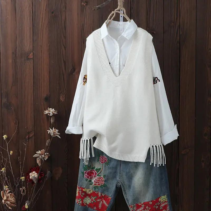 

Жилет свитер женский Y2k подол бахрома укороченный трикотажный жилет женский винтажный топ свободный пуловер джемпер V-образный вырез однотонный жилет весна осень S белый