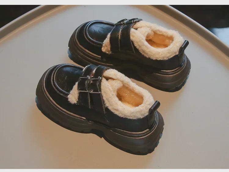 Zimní 2024 Trendy dětské kožené boty: Teplé, s tlustou podrážkou, s plusovým sametem, bavlněná špička pro chlapce a dívky