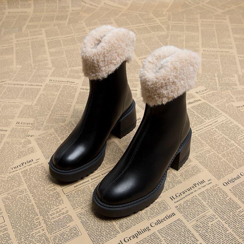 Fashion Ladies Shoes Half High Elegant with Medium Heels Women's Snow Boots Mid Calf Black Fur Comfrtable On Offer Slip Spring Autumn Pu