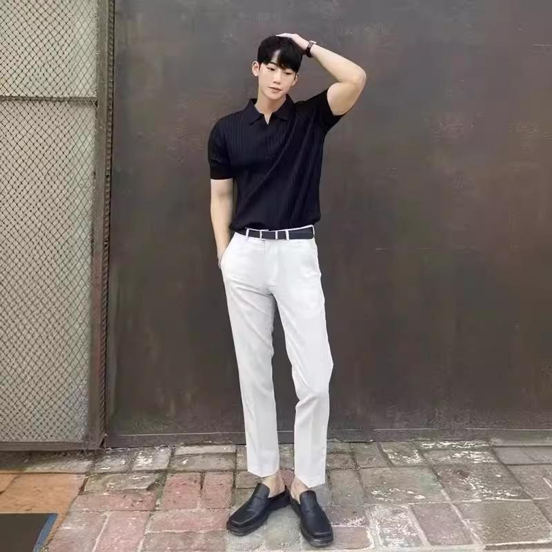 Trendiges Poloshirt mit Revers im koreanischen Stil für Herren – kurzärmliges, hübsches, reifes, einfarbiges Strickoberteil