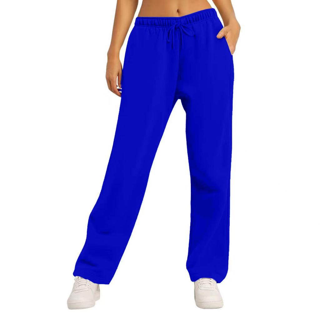 Women's Mid Waist Straight Sweatpants Loose Fit Drawstring Casual Wide Leg Trousers With Side Pockets