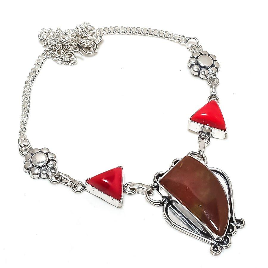 Natural Bloodstone, Coral Gemstone 925 Sterling Silver Jewelry Necklace 18" j5f63