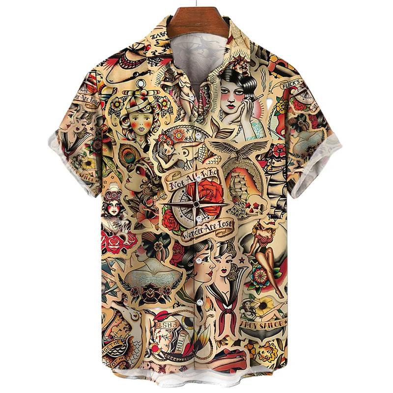 3D Retro Digital Printed Men's Lapel Short Sleeved Shirt