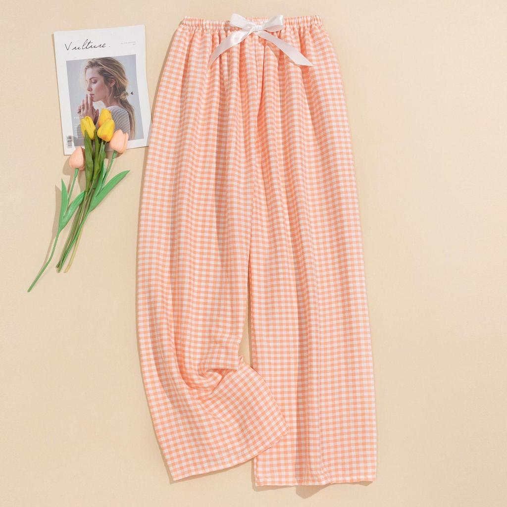 Women's Summer Plaid Wide-Leg Cotton Pajama Pants - Yarn-Dyed, Plus Size, Suitable for Outdoor Wear