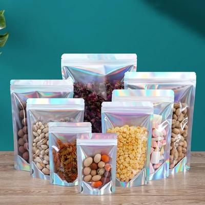 100pcs  Laser Self Sealing Bag 0.14mm  Aluminum Foil Self-supporting Sack with Window Nut Dry Flower Tea Sealed Packaging Pouch