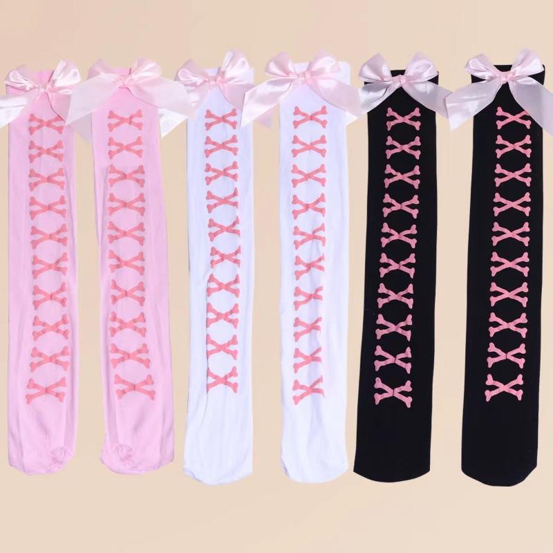 Nuovi Calzini Caldi con Fiocco a Osso Streetwear Ragazze Neri Dolci Carini Rosa Y2K Harajuku Lolita Calze a Rete Calze Alte fino alla Coscia